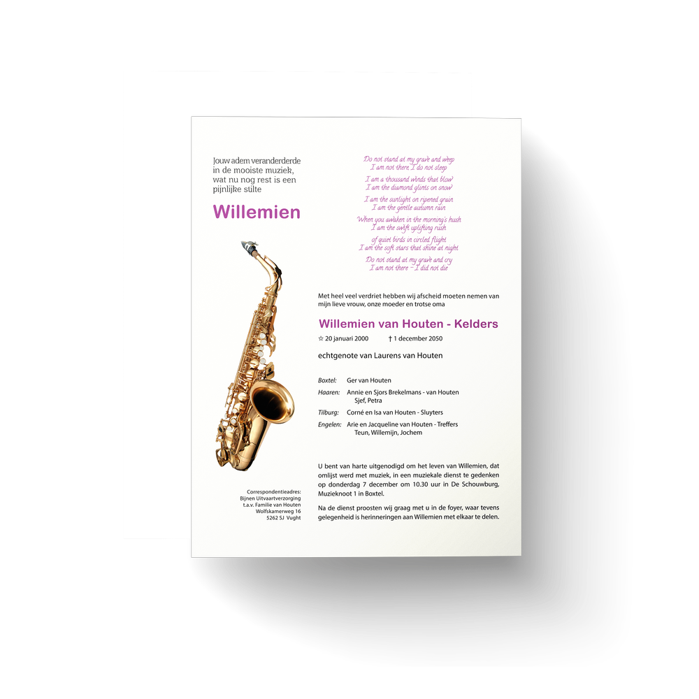 Rouwkaart - Saxofoon - Afbeelding 1